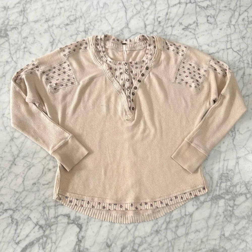 Free People Heart to Heart Henley Long Sleeve Cream Thermal Top XS